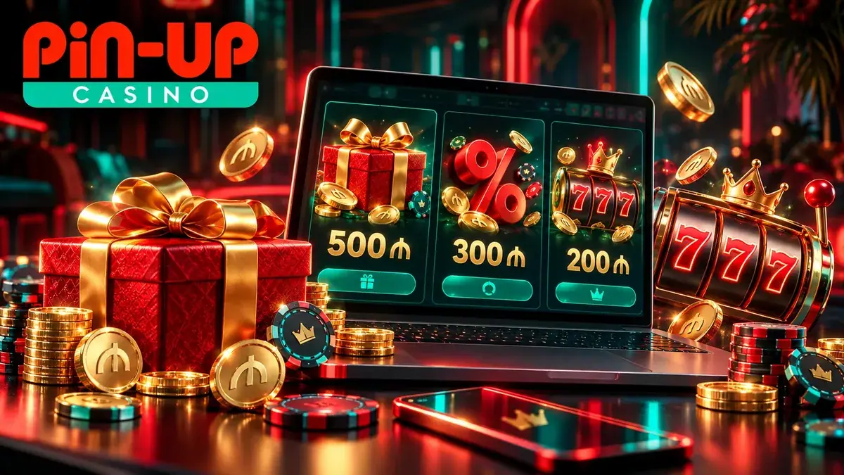 Noutbukda Pin Up bonus səhifəsi: hədiyyə, 777 slotu və aksiya kartları