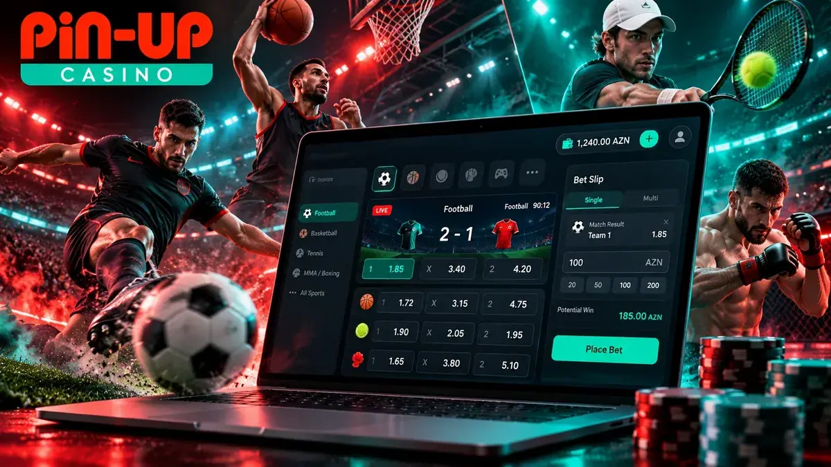 Noutbukda Pin Up idman xətti mərc kuponu ilə, ətrafda futbol topu və idmançılar